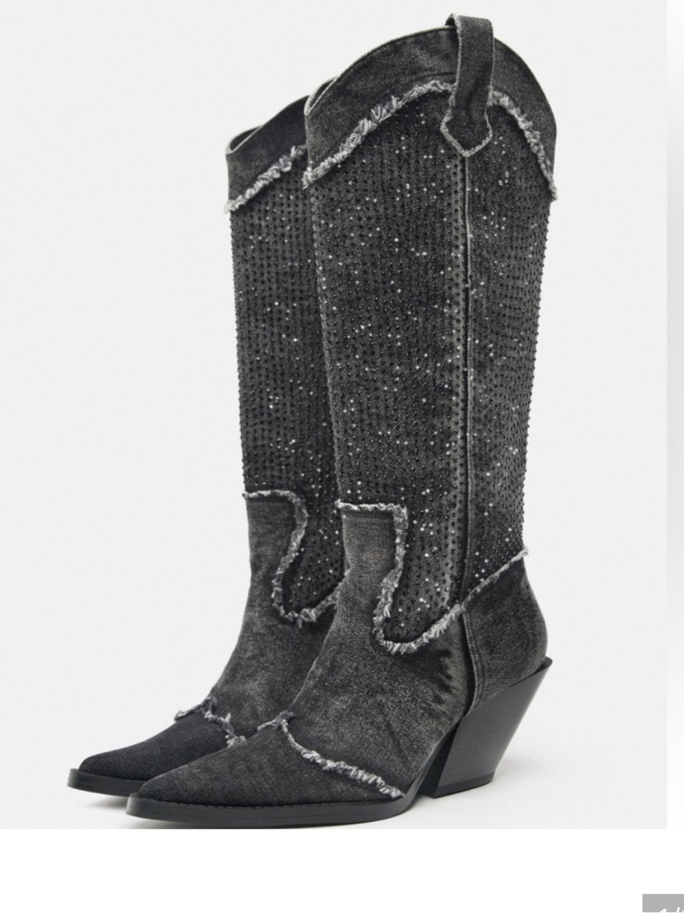 ZARA COWBOY DENIM Women’s Black Embellished Western Knee-High Boots